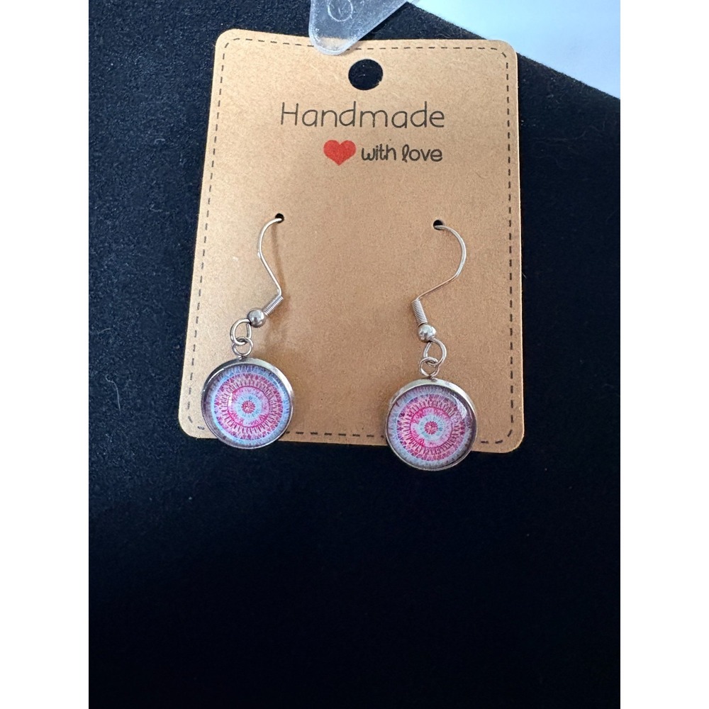 Boho‎ Glass Dome Cabochon Mandala Earrings Silver Plated Pink Purple Handmade